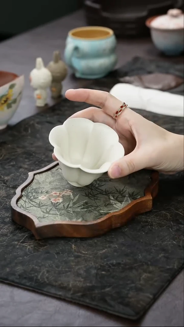 茶杯紫砂九隐茶器白泥花瓣主人杯