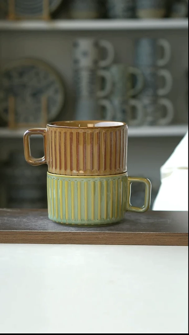 陶天**际窑变琥珀+绿色条纹咖啡杯300ml组合@4-2@微瑕