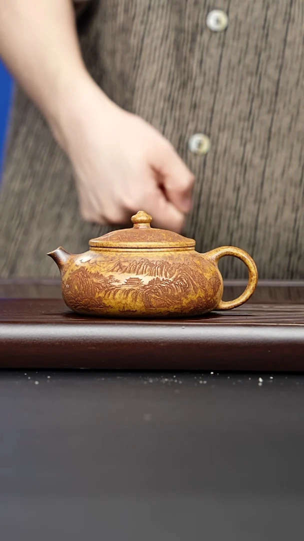 茶壶紫砂宜兴紫砂 山水牡丹寒江 龙骨金砂 曹营营