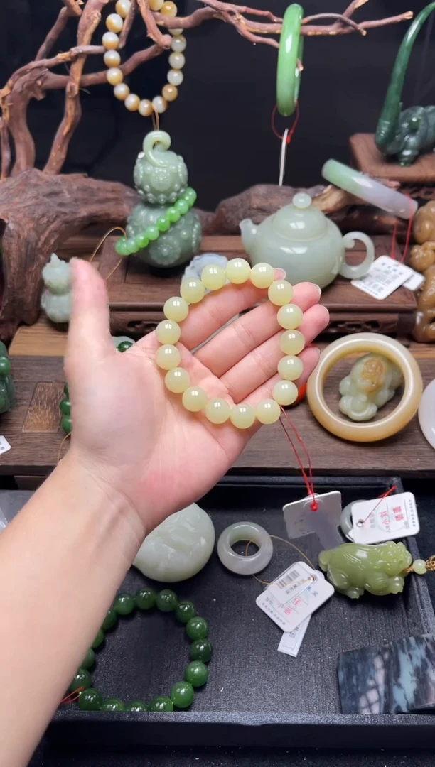 手串未镶嵌和田玉卡12若羌黄玉 圆珠9010906