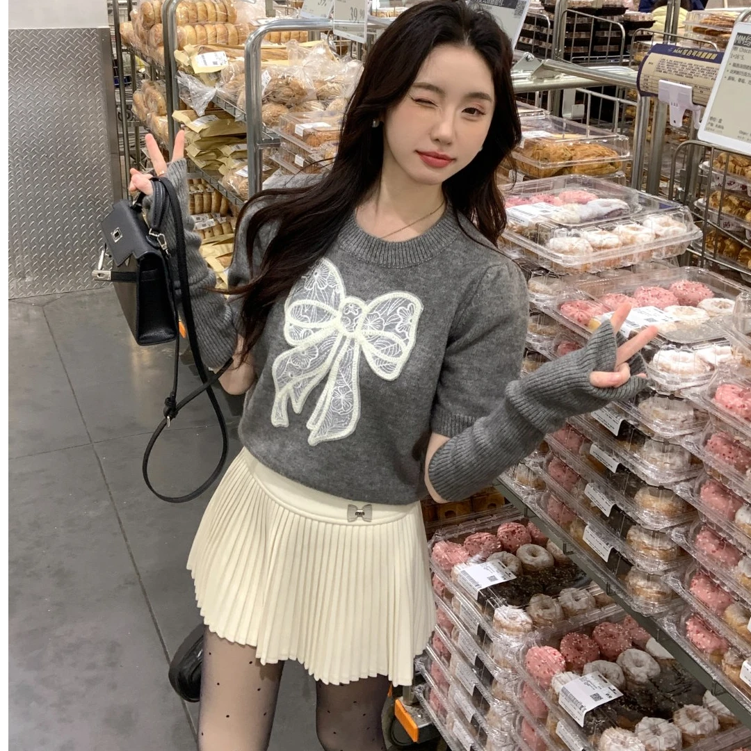 【派对甜心】断袖蝴蝶结圆领套头甜美上衣针织衫毛衣1