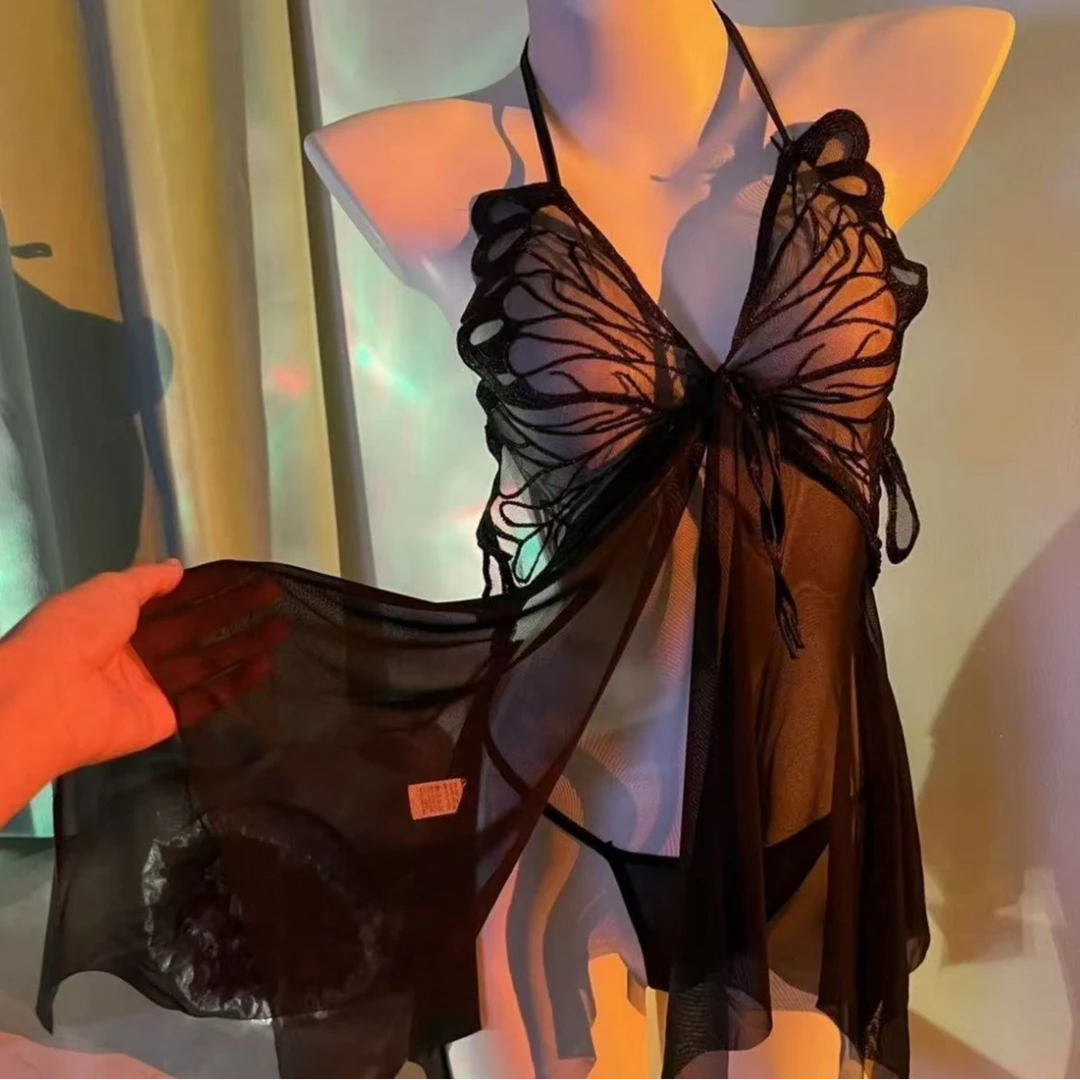 玲珑骰 （90-200）性感蝴蝶吊带网纱大码睡衣