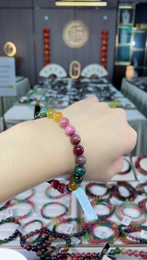 老矿碧玺油料色标彩虹单圈手串8mm+未镶嵌碧玺dan多样性发货一条