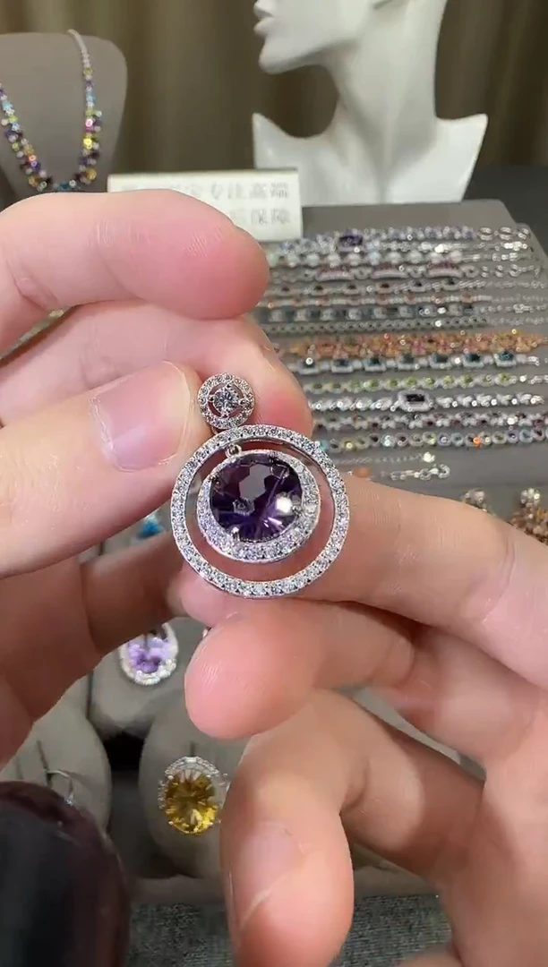 颈饰银S925镶嵌紫晶10mm吊坠设计款