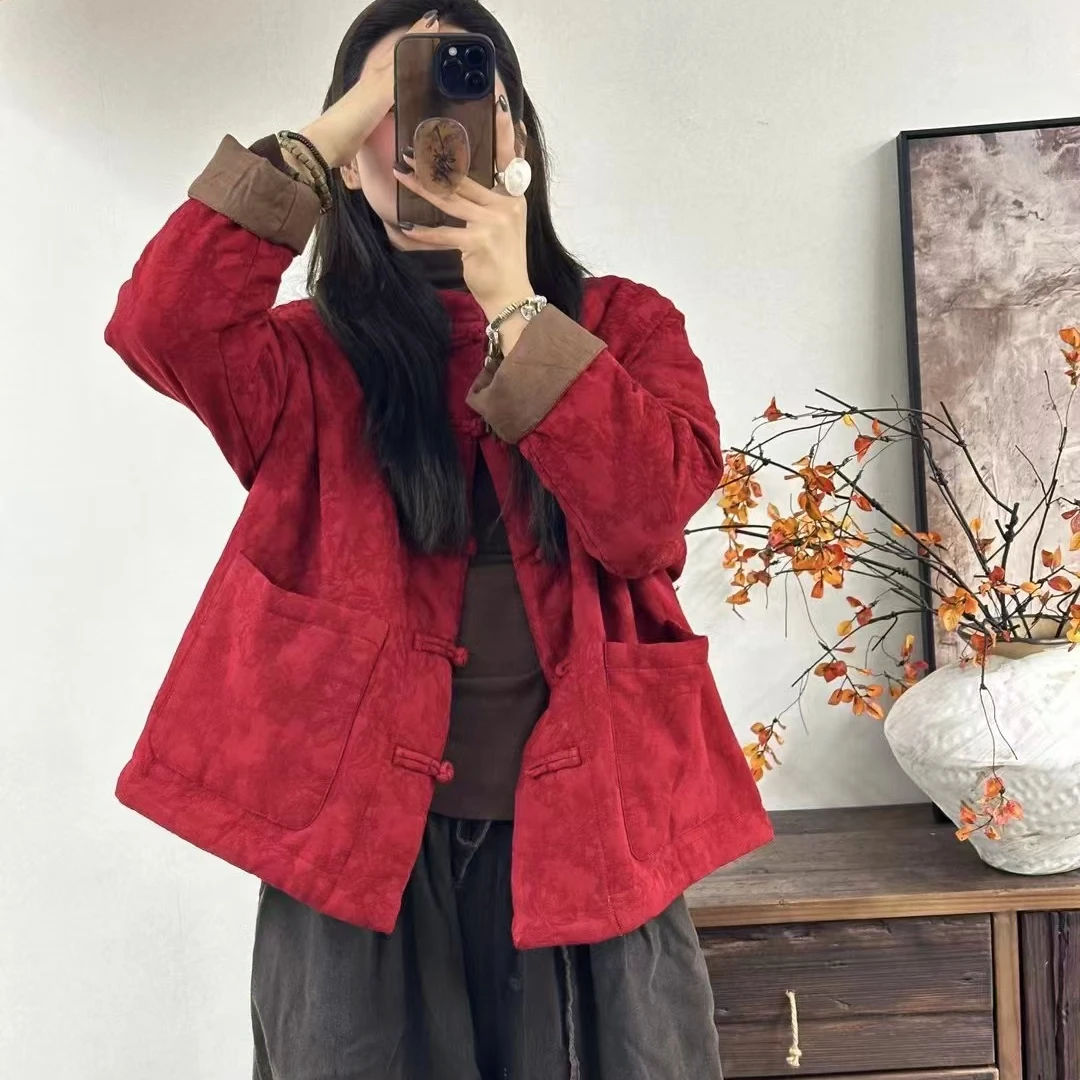 重工砂洗亚麻棉袄外套提花工艺新中式盘扣设计休闲气质女