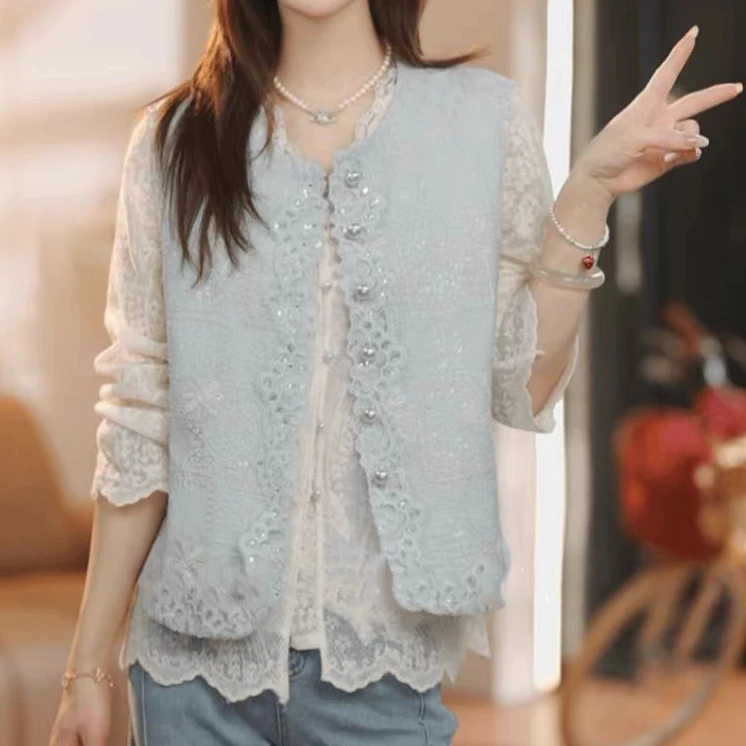 法式2025春季蕾丝圆领马夹针织蕾丝女装套装衬衣内搭气质薄款1113