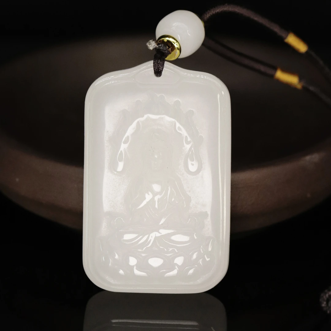 天然新疆玉石观音菩萨吊坠手工雕刻佛像金丝玉无事牌直播间玉年货