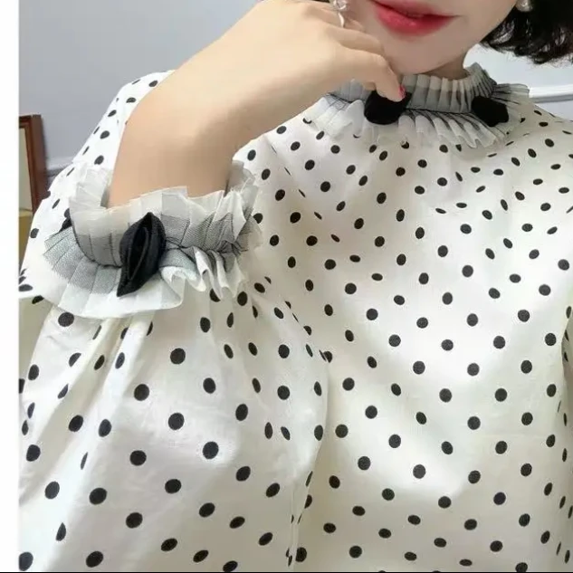 领口袖口立体玫瑰花设计泡泡袖韩系衬衫2025春季韩系百搭气质衬衣