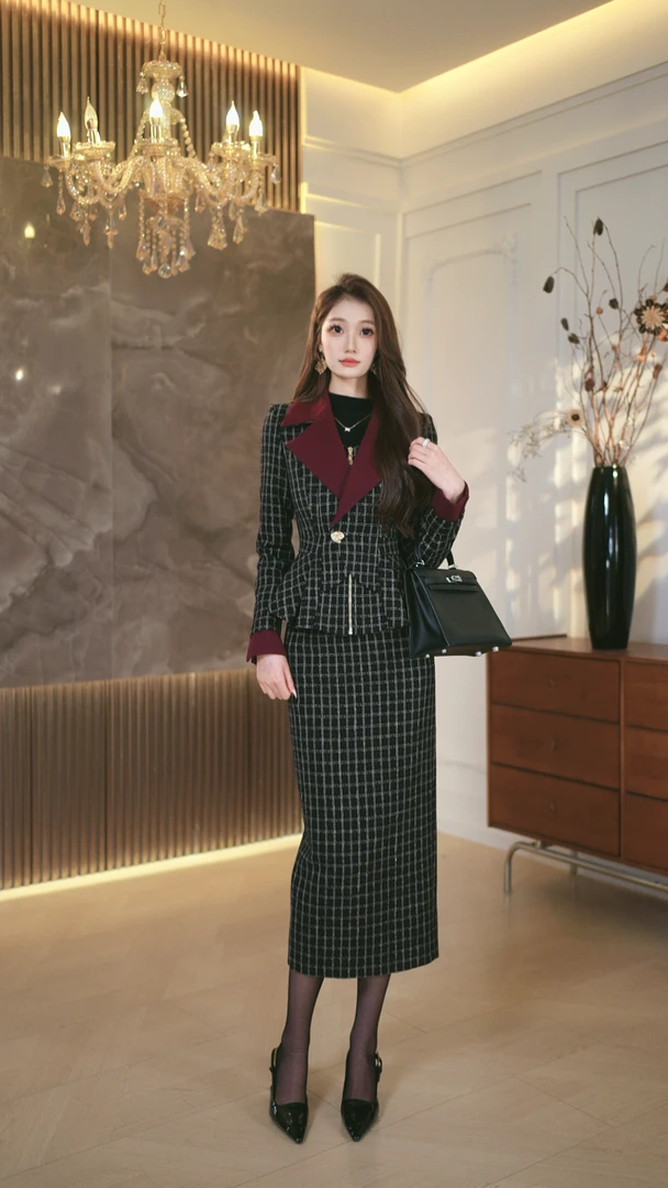 罗曼定制 高定原创收腰时尚格子拼接上衣+包臀半身裙两件套装女