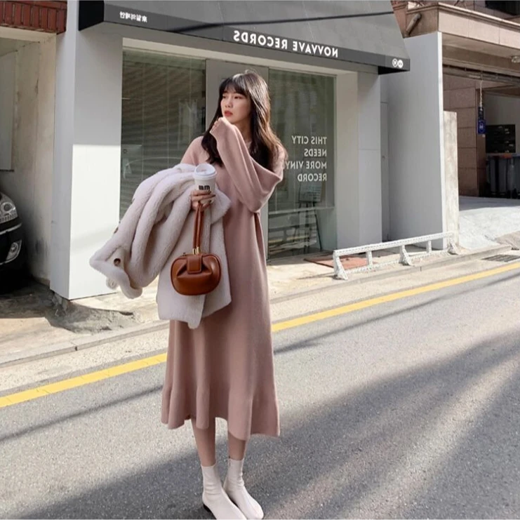 【新年新衣】秋冬胖mm长袖毛衣宽松遮肚子加厚内搭鱼尾连衣裙