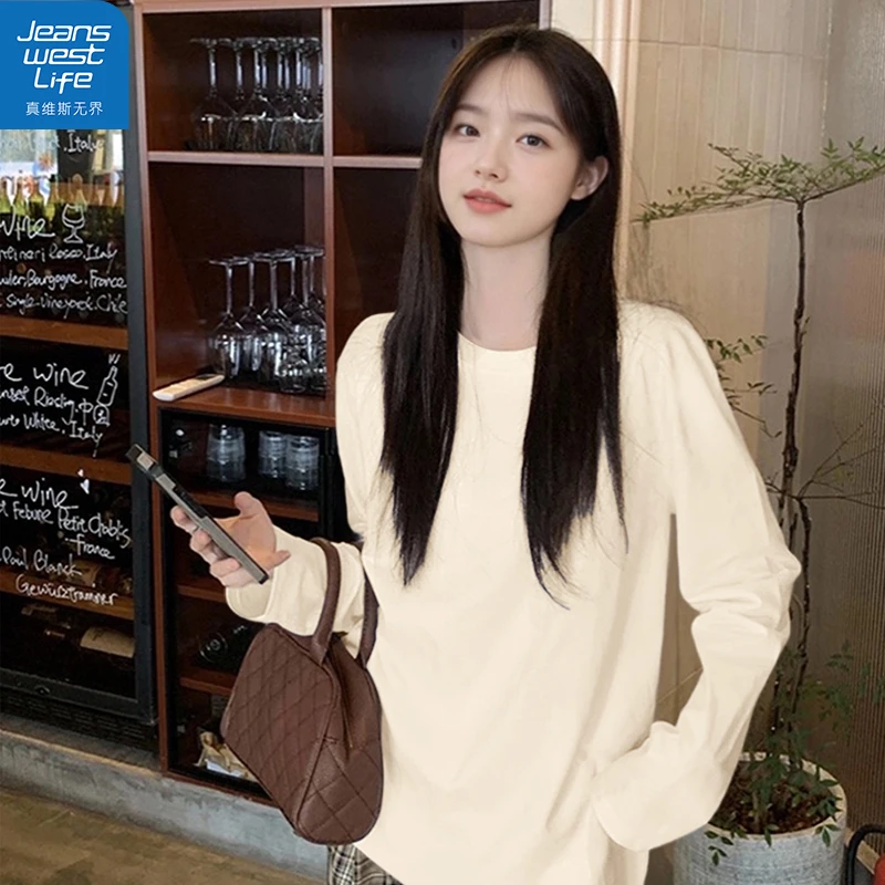真维斯无界女200g纯棉T恤秋季长袖法式复古宽松新款通勤日常上衣