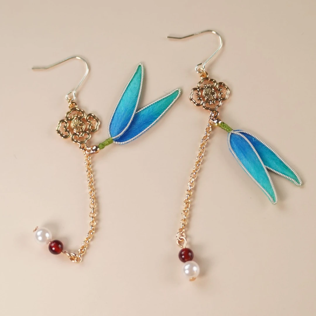 合金耳饰 点翠色竹叶耳环 非遗绒花古风旗袍新中式耳饰花朵国风