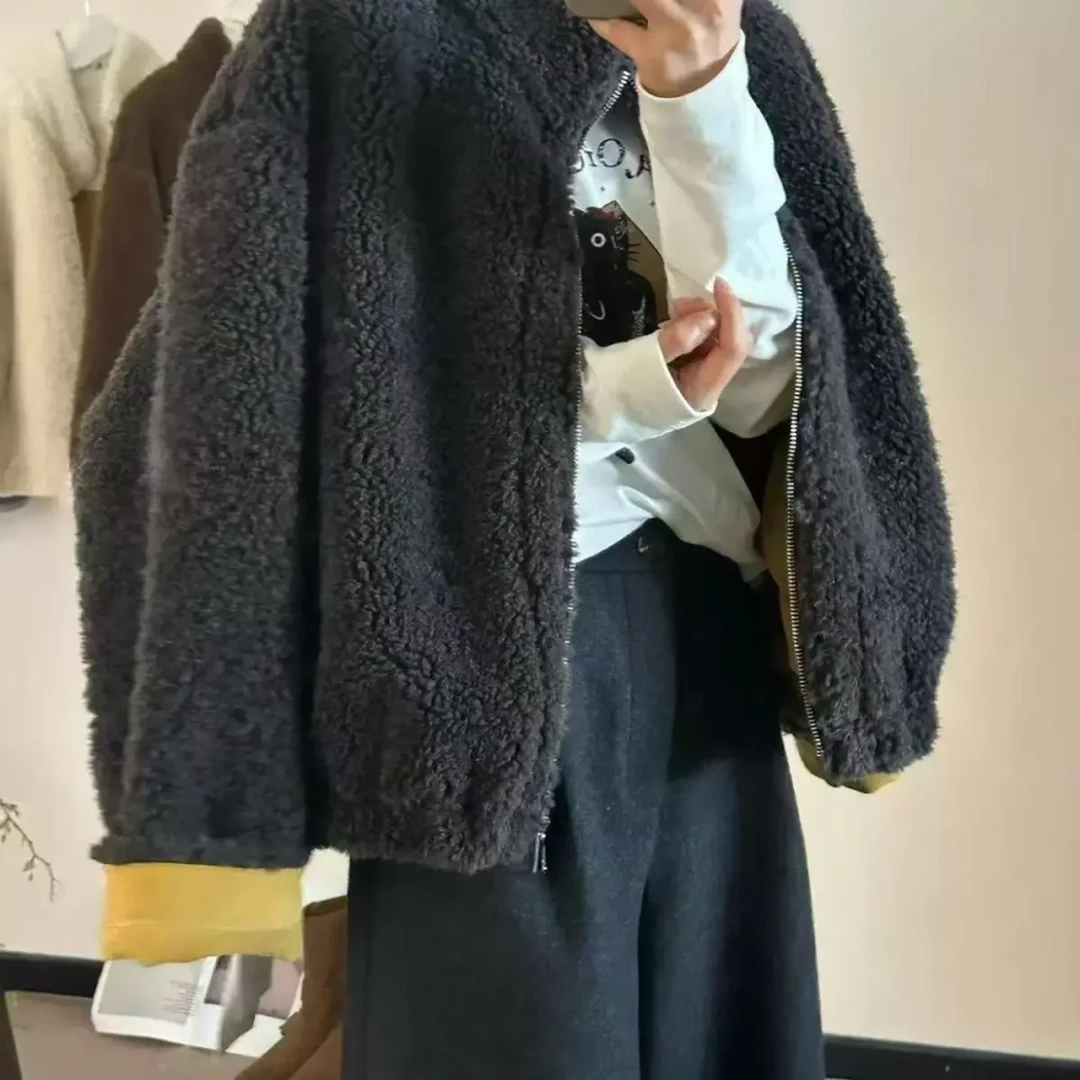 女士冬季加绒短外套立领女冬季网红皮毛一体厚款百搭