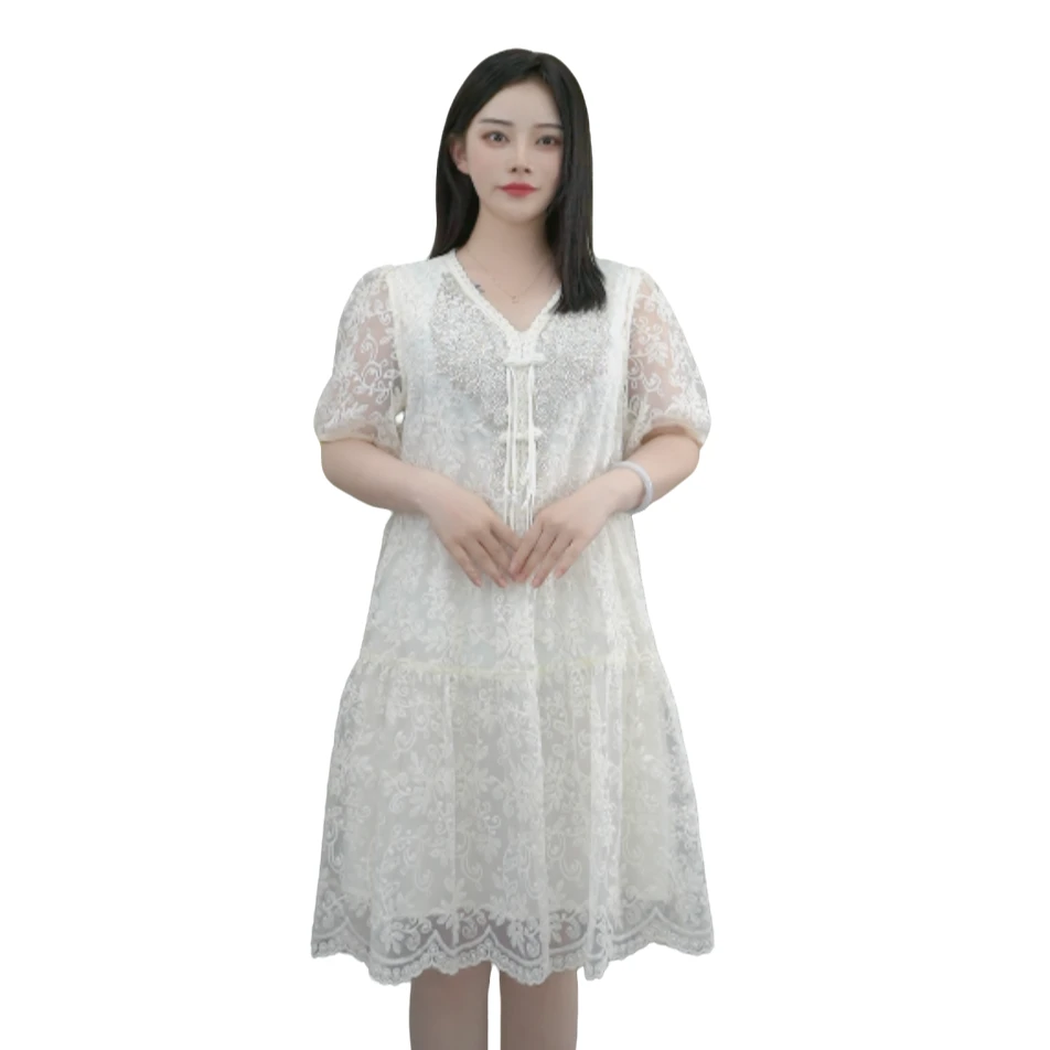 B191轻奢中国风连衣裙女2025夏季新款法式气质显瘦蕾丝刺绣裙子