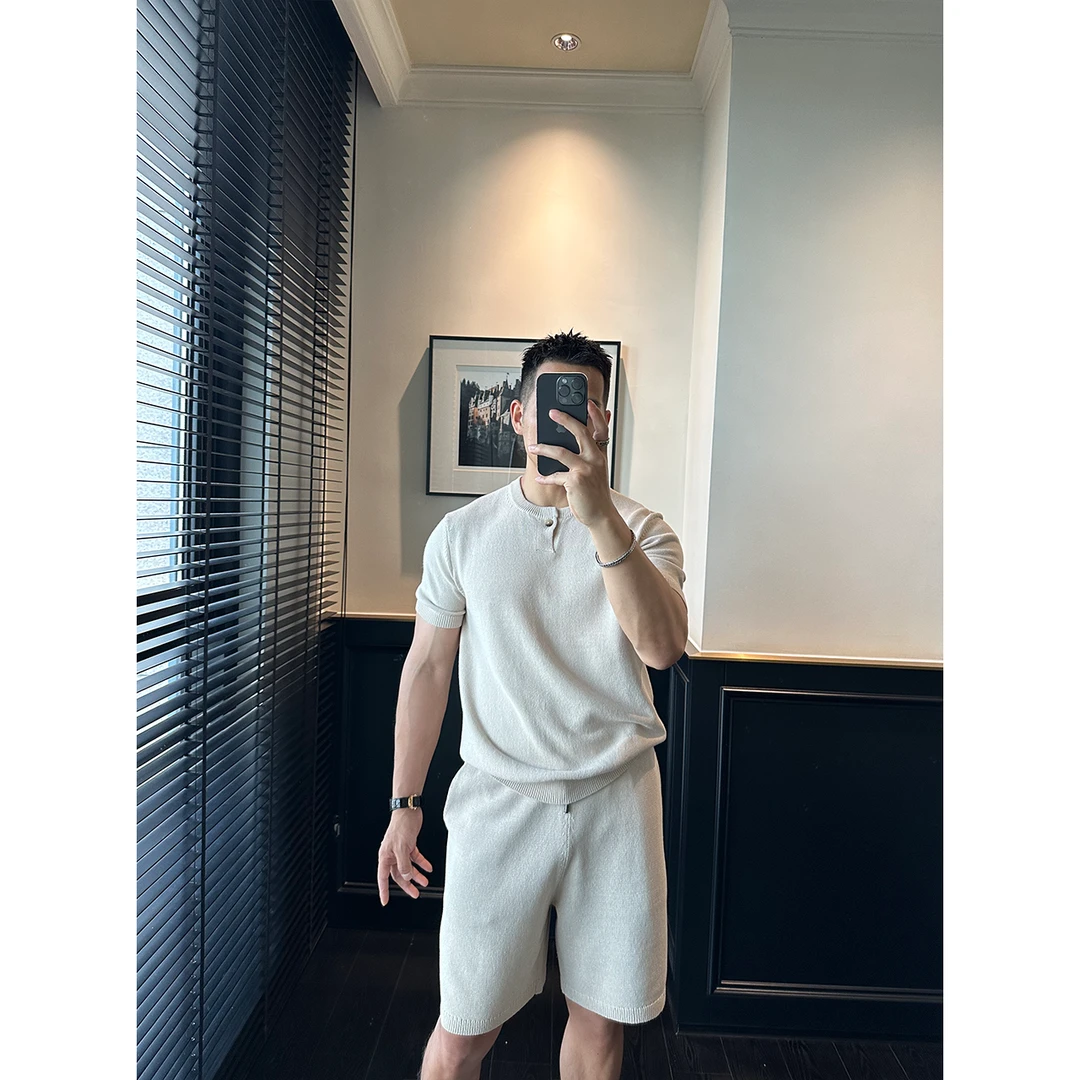 DAN LANG 298# 亚麻针织混纺亨利短袖短裤套装