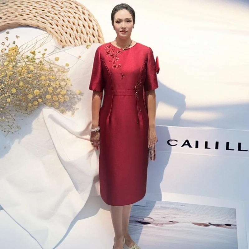 礼服H型婚礼中长裙包臀裙宴会酒红色千金风婚礼服显瘦气质长款