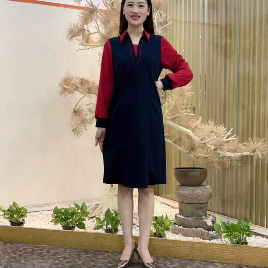 假两件衬衫领春秋新款长袖气质拼接减龄连衣裙