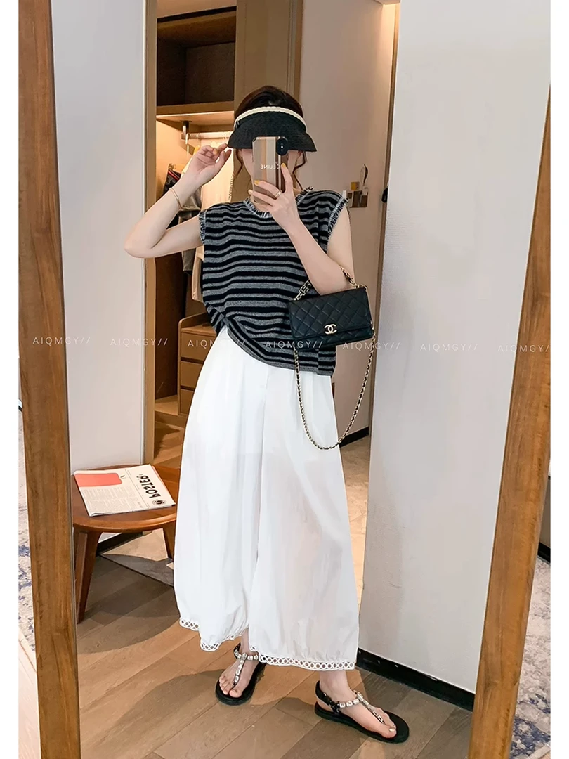 Y T原创（冰肌棉纯色镂空花边休闲裤夏季新款宽松九分阔腿裤）8165