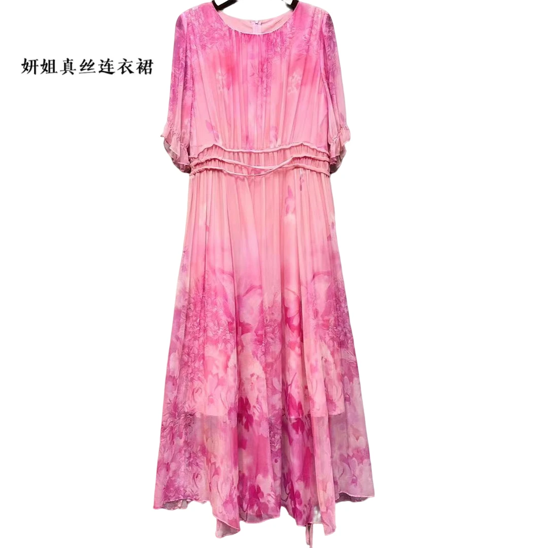 真丝连衣裙春夏新款高订气质收腰显瘦优雅印花长裙粉色短袖 23058