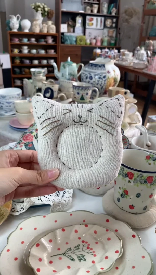 陶瓷【383】纯手工刺绣猫咪杯垫
