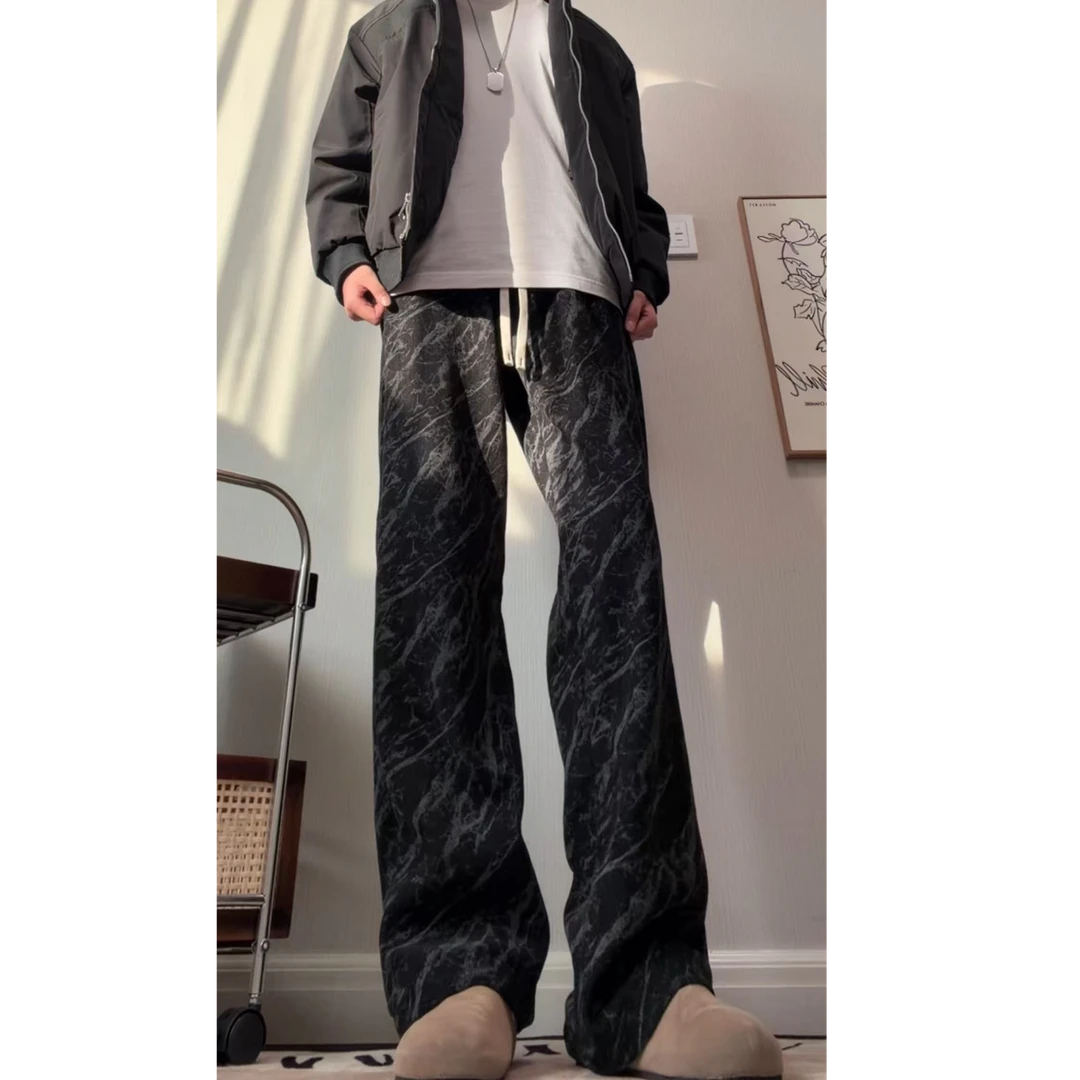 暗纹雪尼尔加绒裤子男秋冬直筒宽松阔腿裤美式褶皱纹理微喇休闲裤