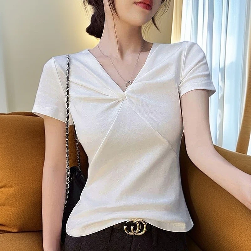 不规则V领白色短袖t恤2025新款百搭修身显瘦气质减龄时尚上衣女夏