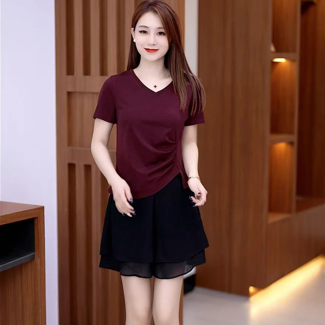 2025新款爆款女短袖T恤显瘦气质修身时尚夏季不规则上衣遮肚子