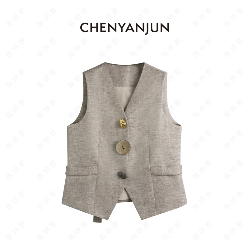 陈妍君【天丝亚麻金丝线设计感纽扣收腰马甲】CYJ-WWO74-W892