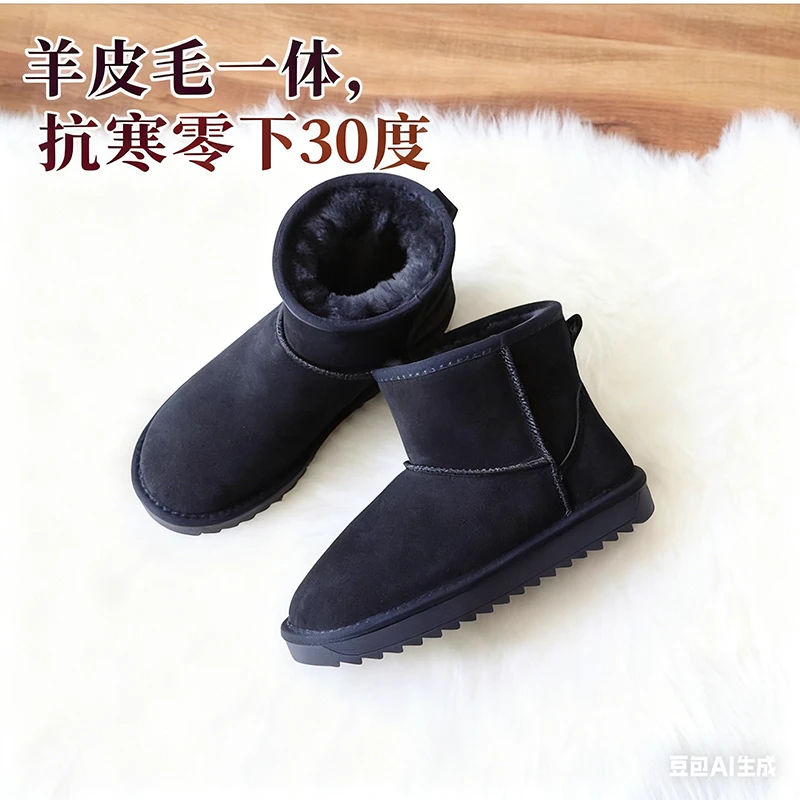雪地靴男皮毛一体真皮羊毛保暖加绒防水防滑东北棉鞋情侣面包鞋女