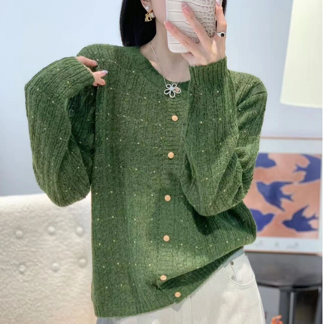 【晴晴精选】韩版秋冬气质圆领条纹纯色时尚洋气百搭针织开衫A886#