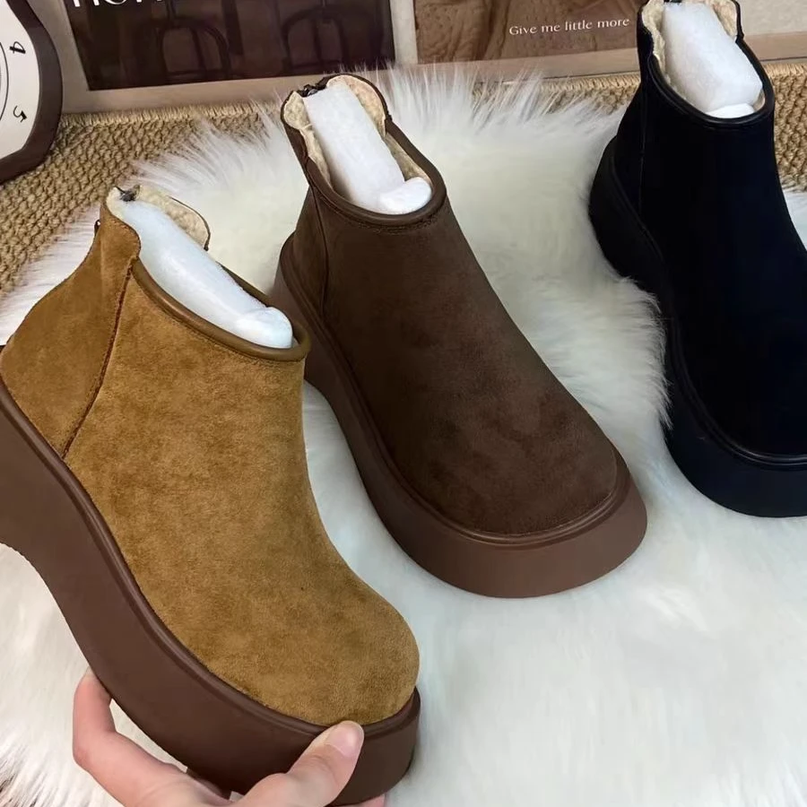 冬季加绒加厚保暖简约厚底增高后拉链短靴勃肯靴松糕底女鞋9901