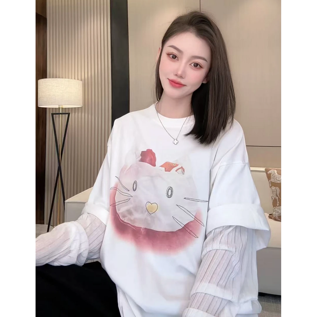 小猫 2025新款长袖时尚百搭夏季宽松印花圆领设计感T恤