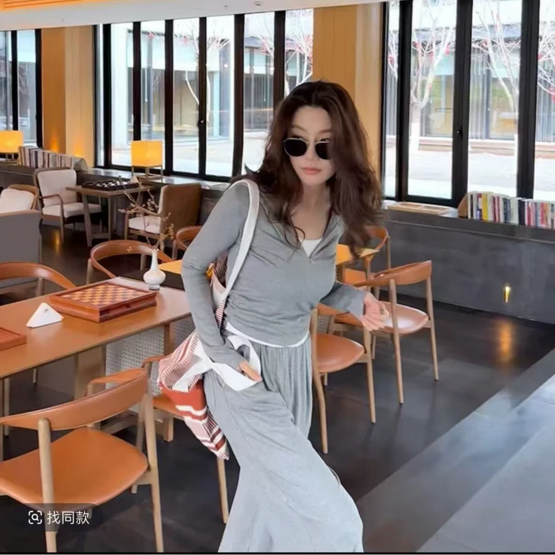 2025秋季新款连帽假两件运动阔腿裤宽松休闲显瘦套装2518