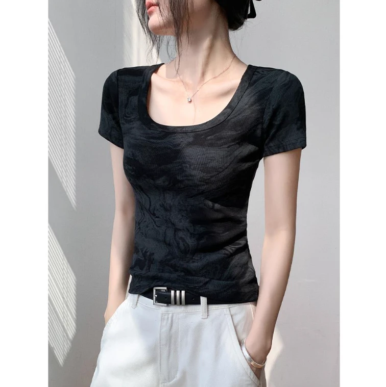 黑色扎染方领T恤修身扎染短袖吸汗欧美风紧身设计感短款修身双11