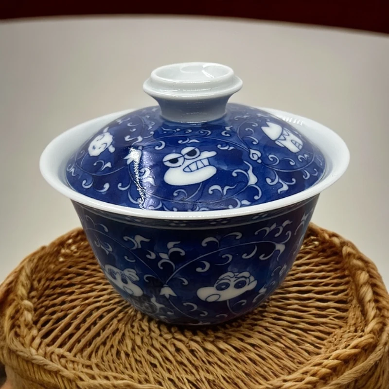 景德镇纯手工手绘青花瓷蓝地二才缠枝莲蜡笔小新元宝盖碗动漫周边