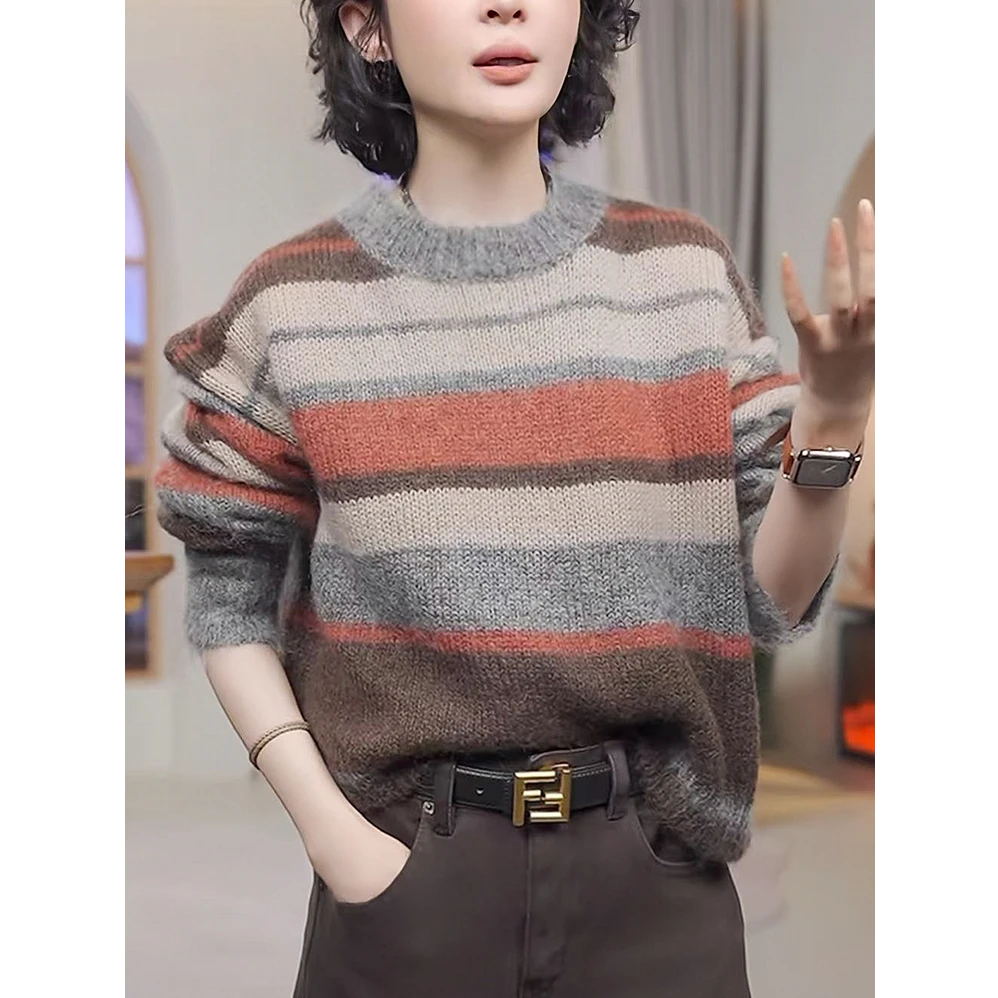 马海毛套头毛衣女秋冬慵懒风软糯洋气减龄宽松显瘦条纹针织衫上衣