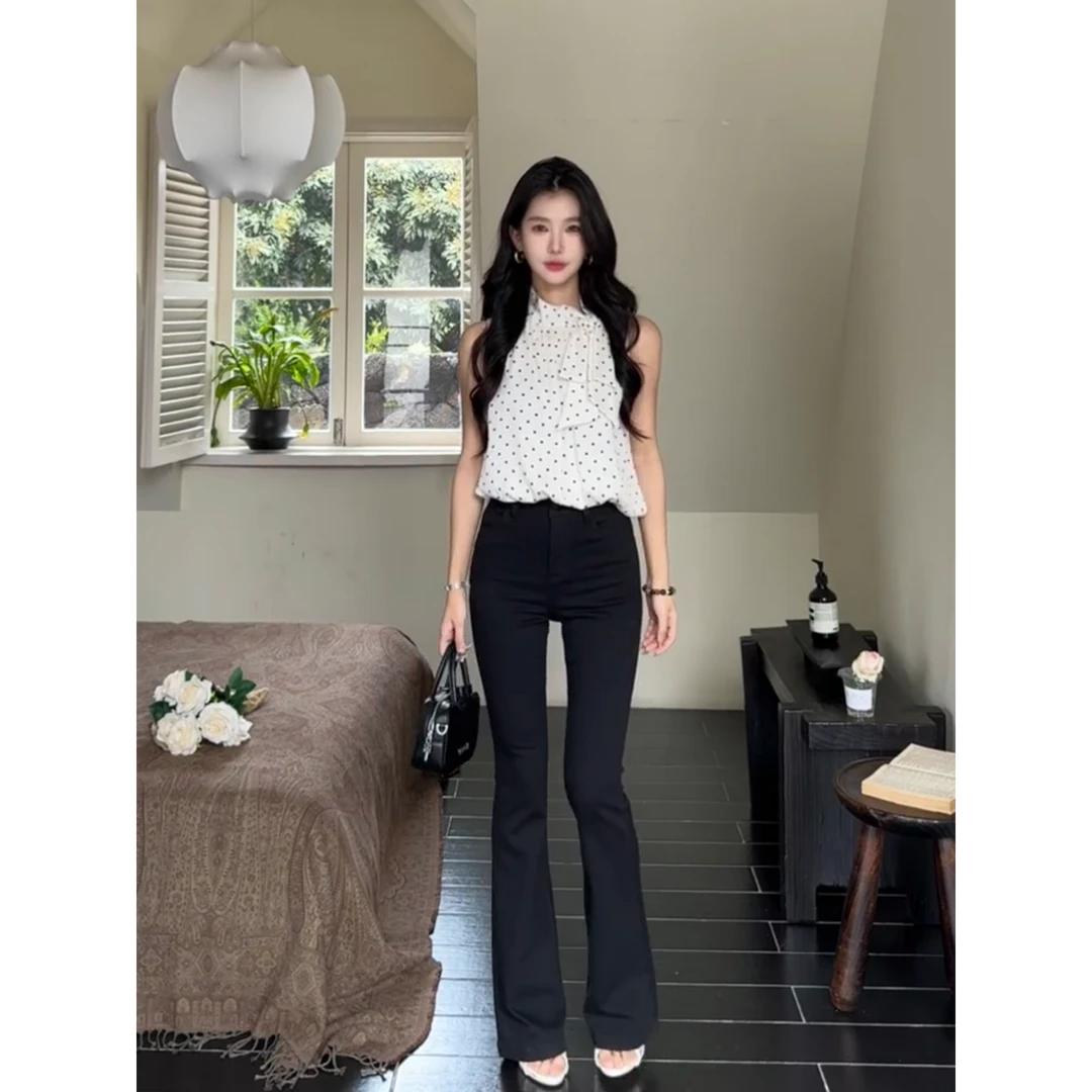 MARIE.COCO夏季外穿白色波点法式设计感无袖挂脖上衣高腰长裤套装