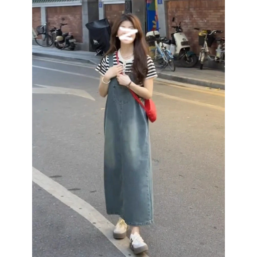 复古水洗牛仔背带连衣裙女夏季薄款小个子宽松遮肉显瘦减龄连体裙