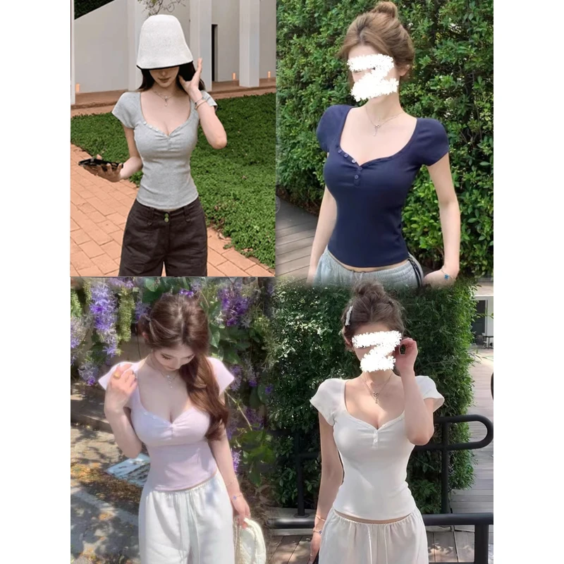运补6-8】春季百搭新款纯欲桃心领正肩短袖T恤女春夏季V领辣妹修身