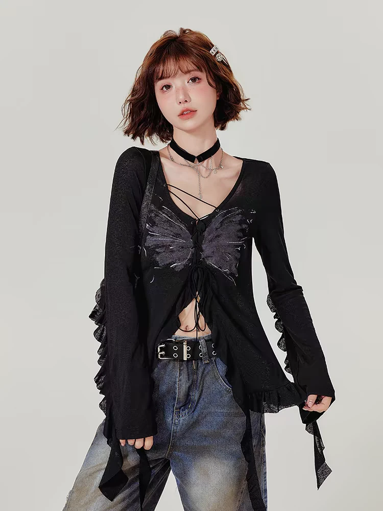 十五美式辣妹长袖t恤女秋季新款设计感木耳边针织开衫外套