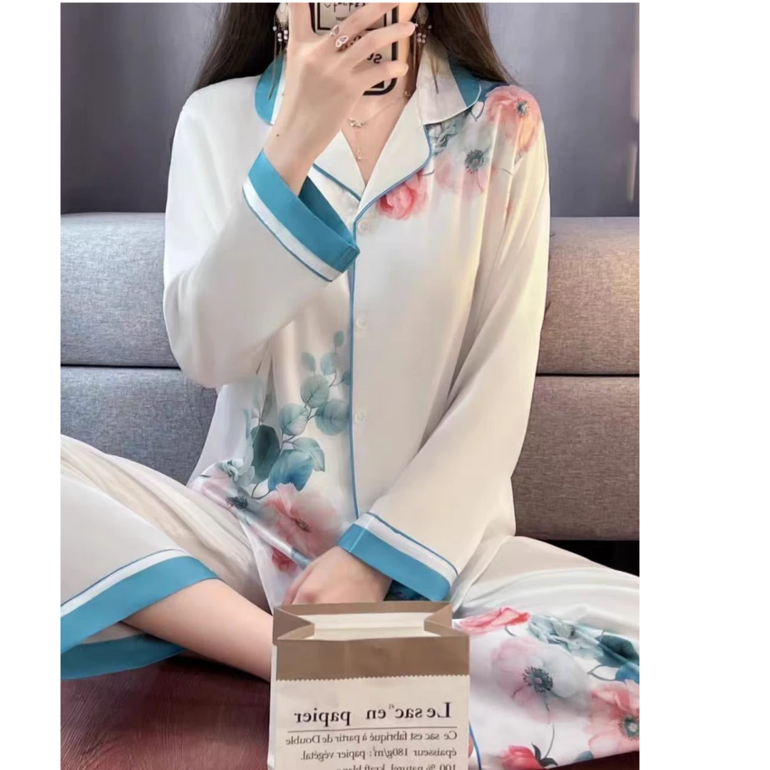 2025春季新款水光绸冰雪丝睡衣女国风印花气质高级长袖家居服套装