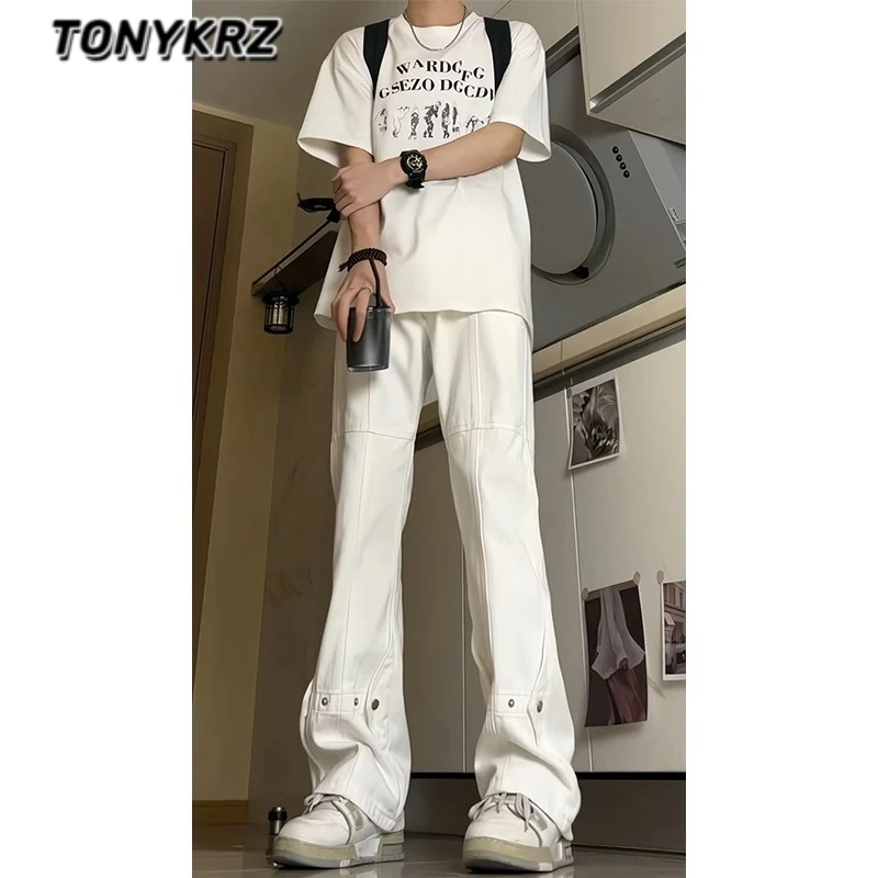 TONYKRZ微喇白色牛仔裤男女cleanfit美式复古高街设计直筒排扣裤