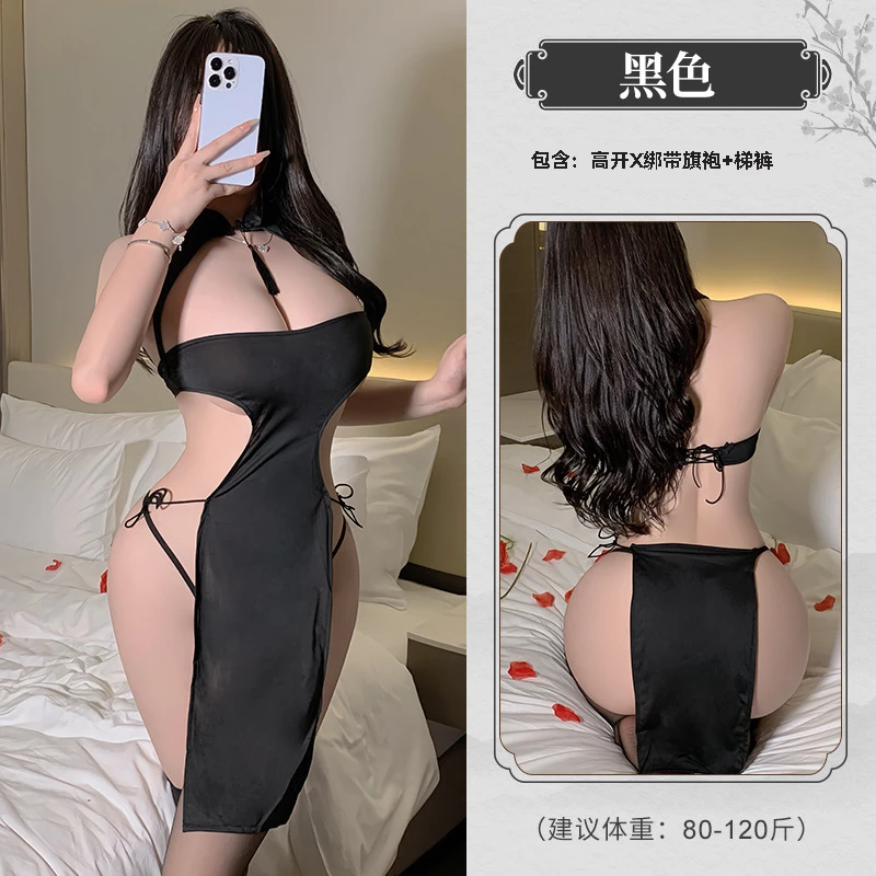 新款夏季性感镂空系带旗袍长裙睡衣制服套装8314