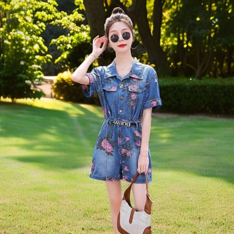 小个子洋气时尚复古印花牛仔连体裤女夏季薄款收腰显瘦碎花阔腿裤