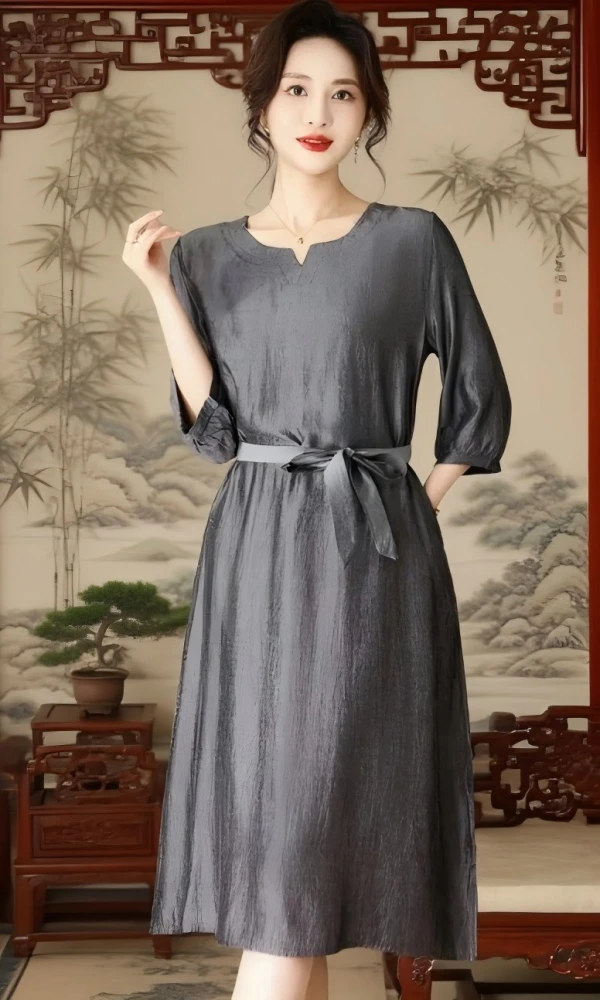 23139桑蚕丝显瘦气质长袖时尚百搭宽松收腰连衣裙A3