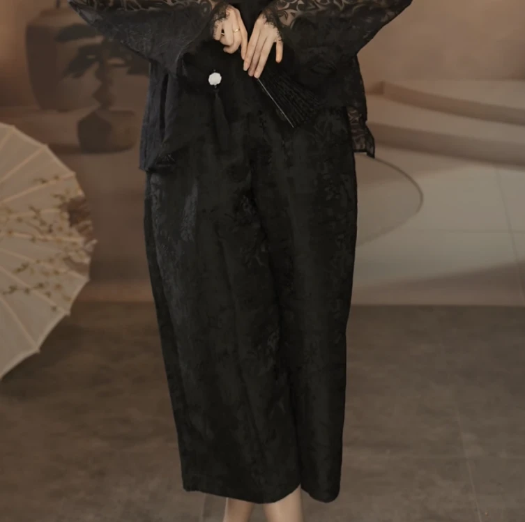 BF32751-1夏季设计师裤子百搭黑色新中式复古中国风提花