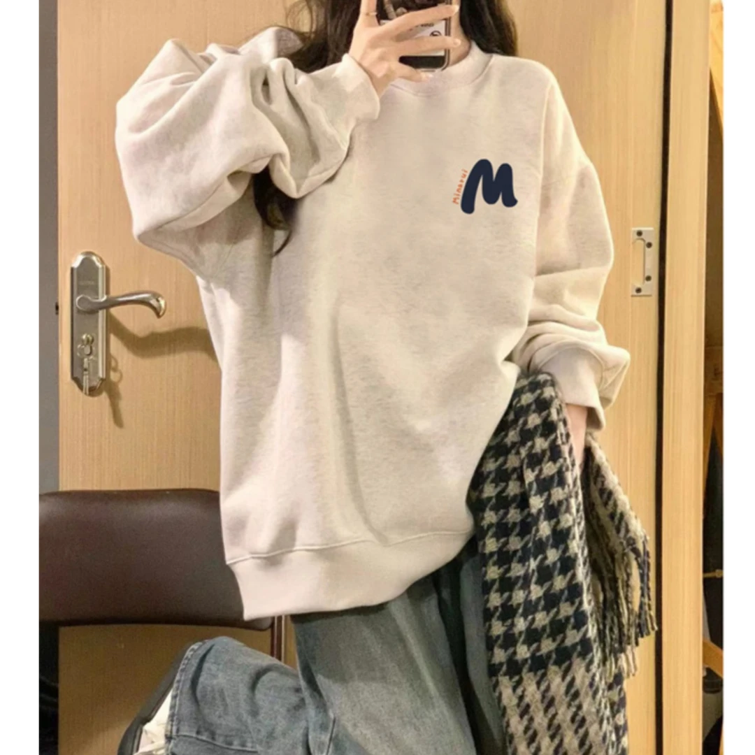 纯棉灰色圆领无帽卫衣女2025新款爆款春秋薄款美式宽松慵懒风上衣