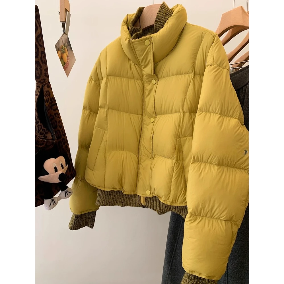 黄色排骨保暖短款棉服女装2025冬季新款韩版时尚显瘦针织拼接外套