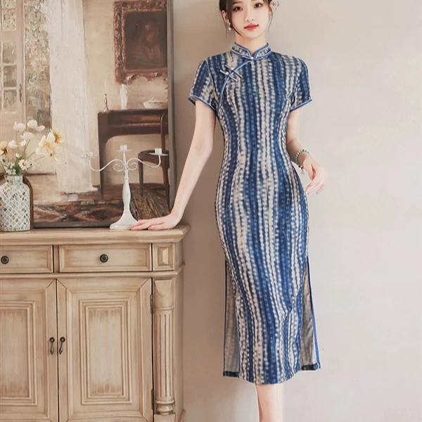 【夏日甜心】上上喜单层少女时尚修身显瘦条纹长旗袍