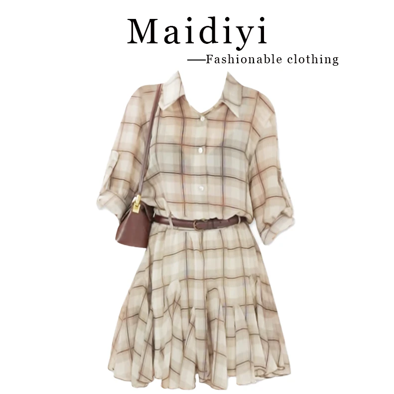 2025时尚穿搭女夏季新款气质高级感百搭显瘦polo领格纹连衣裙女潮